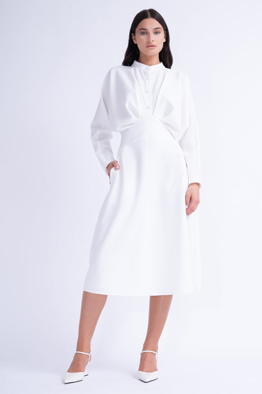 White Midi Dress With Draping and Buttons