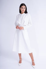 White Midi Dress With Draping and Buttons