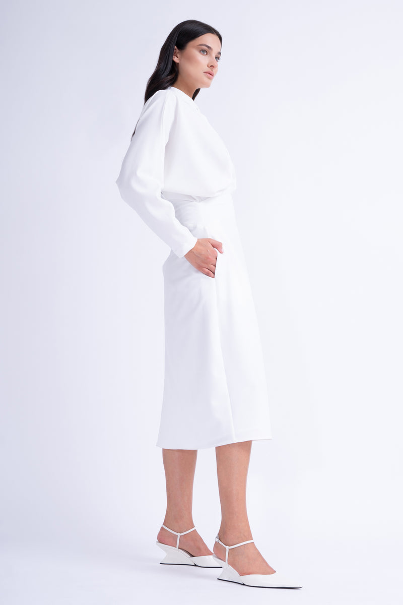 White Midi Dress With Draping and Buttons