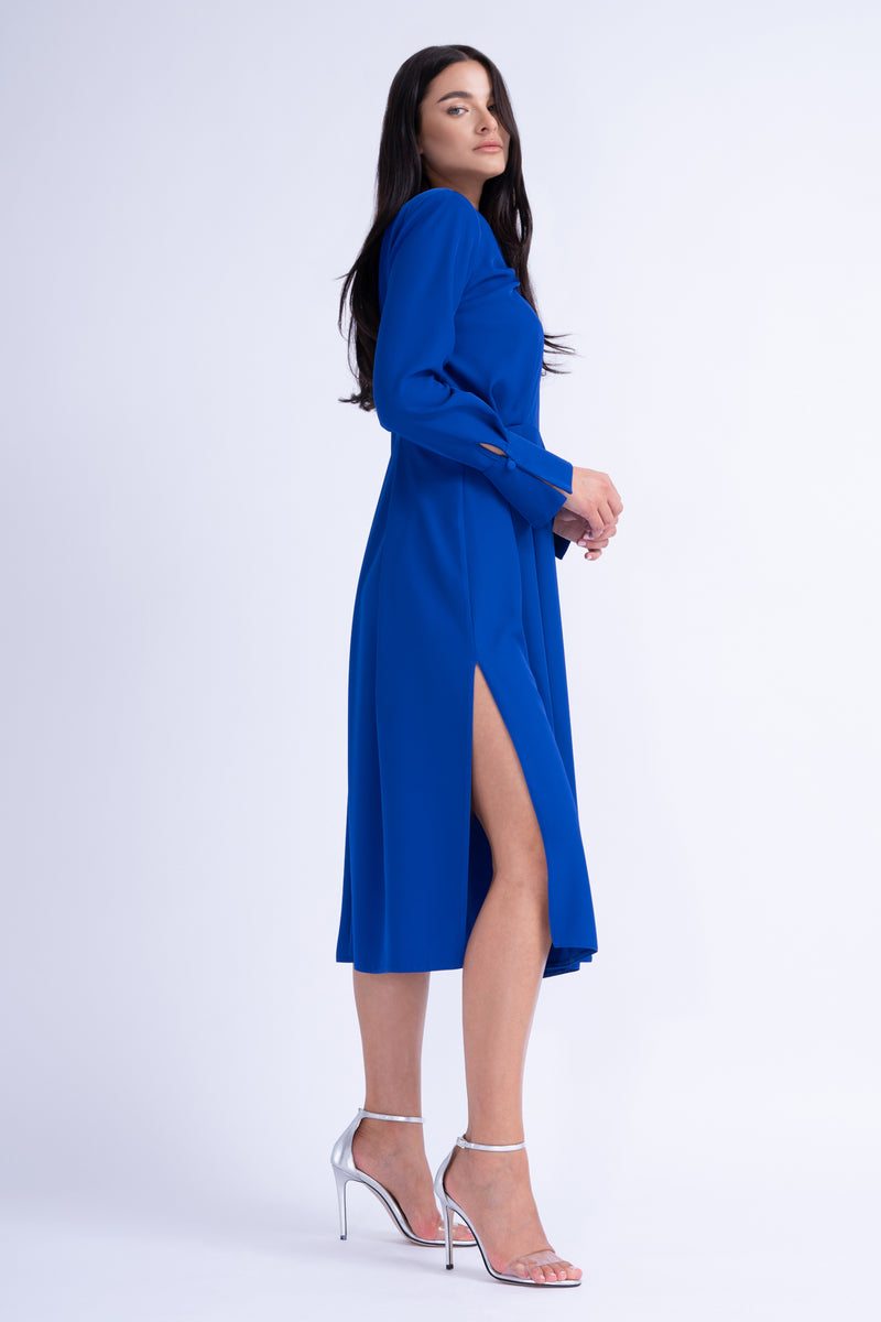 Electric Blue Midi Dress With Ring Detail and Pleats