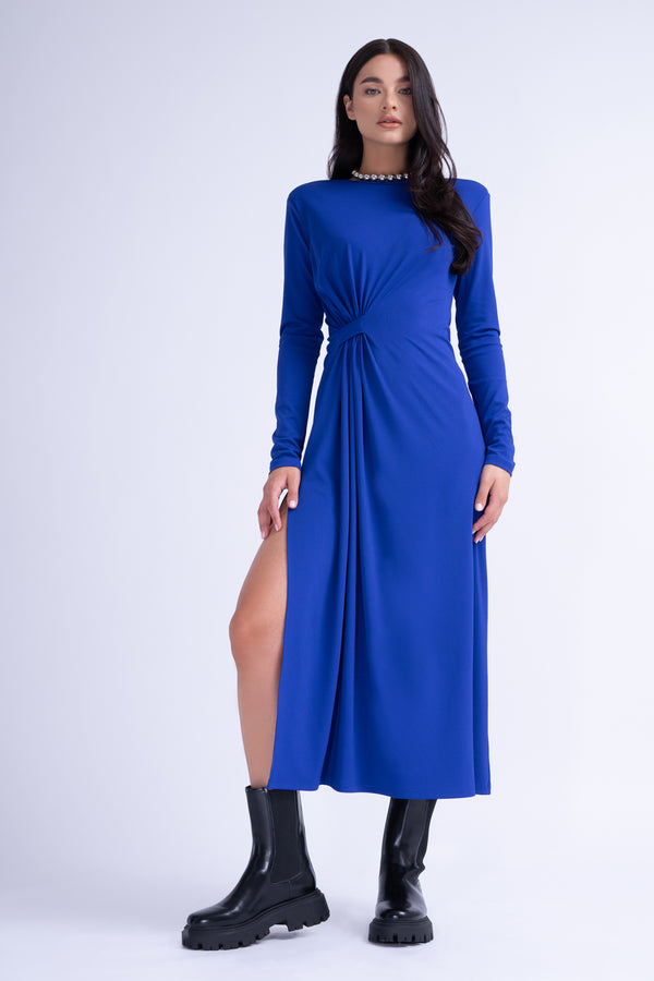 Electric Blue Midi Dress With Side-Knot