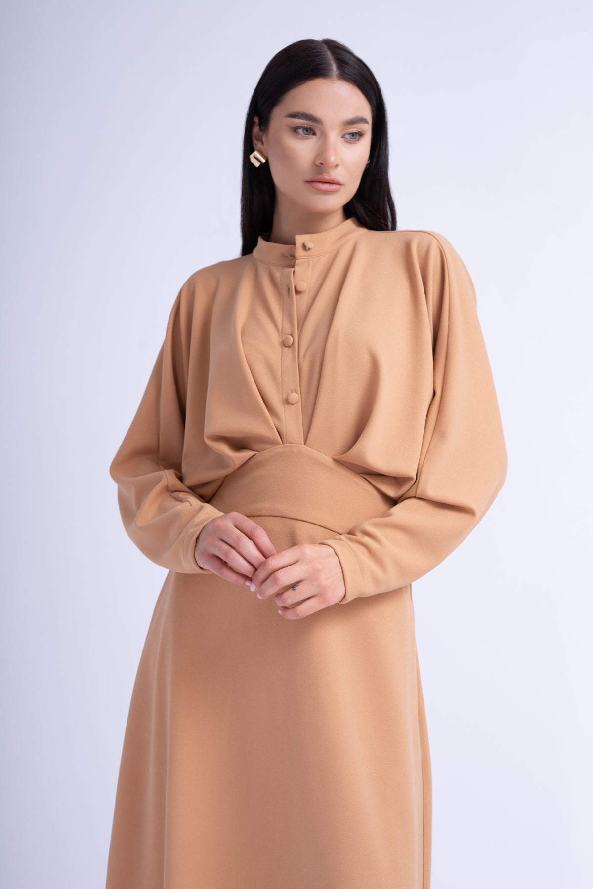 Camel Midi Dress With Draping and Buttons