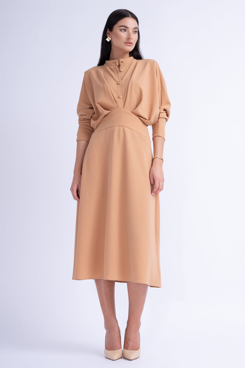 Camel Midi Dress With Draping and Buttons