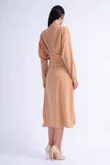 Camel Midi Dress With Draping and Buttons