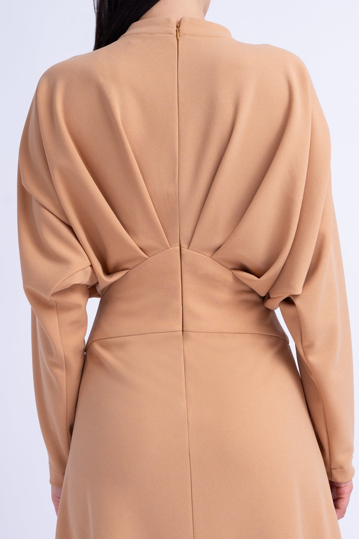 Camel Midi Dress With Draping and Buttons