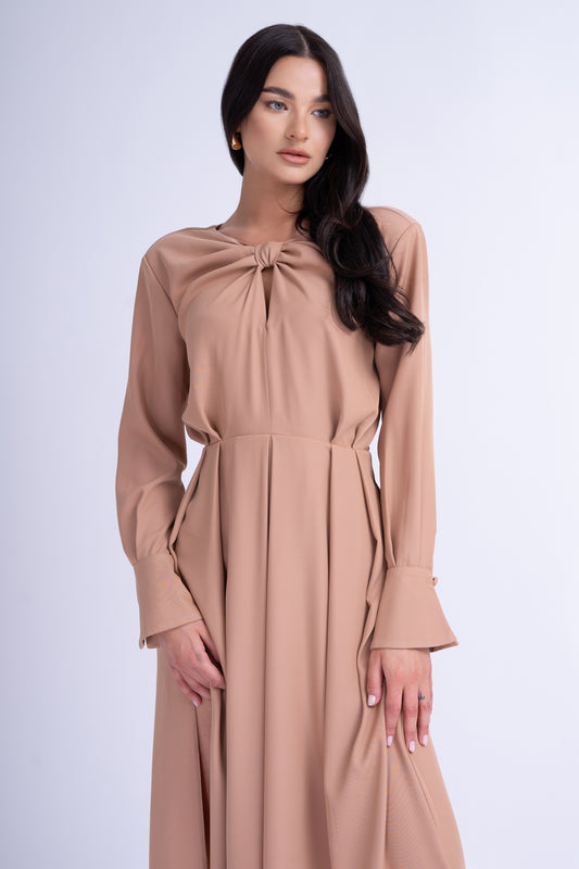 Midi Beige Dress With Ring Detail and Pleats