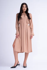 Midi Beige Dress With Ring Detail and Pleats