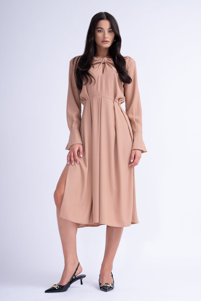 Midi Beige Dress With Ring Detail and Pleats