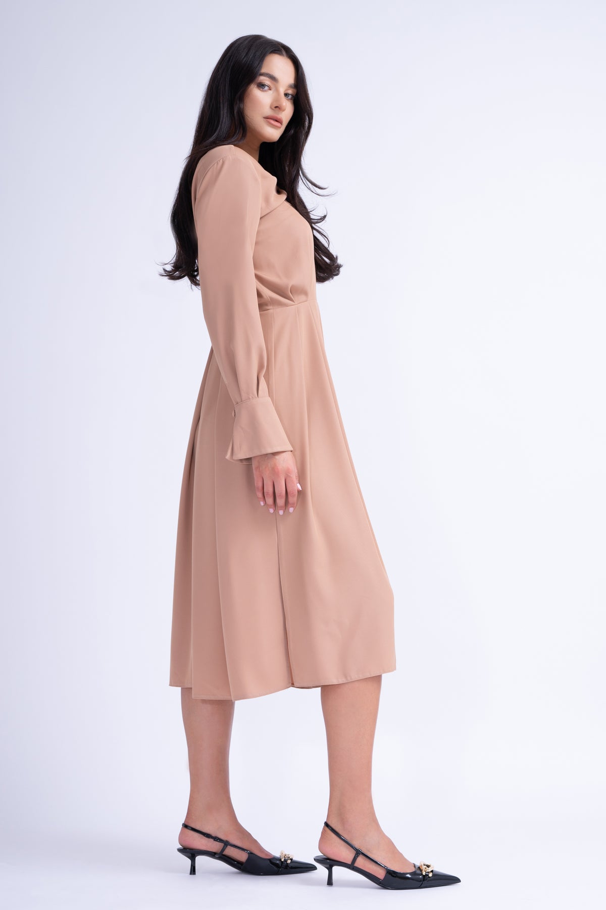 Midi Beige Dress With Ring Detail and Pleats