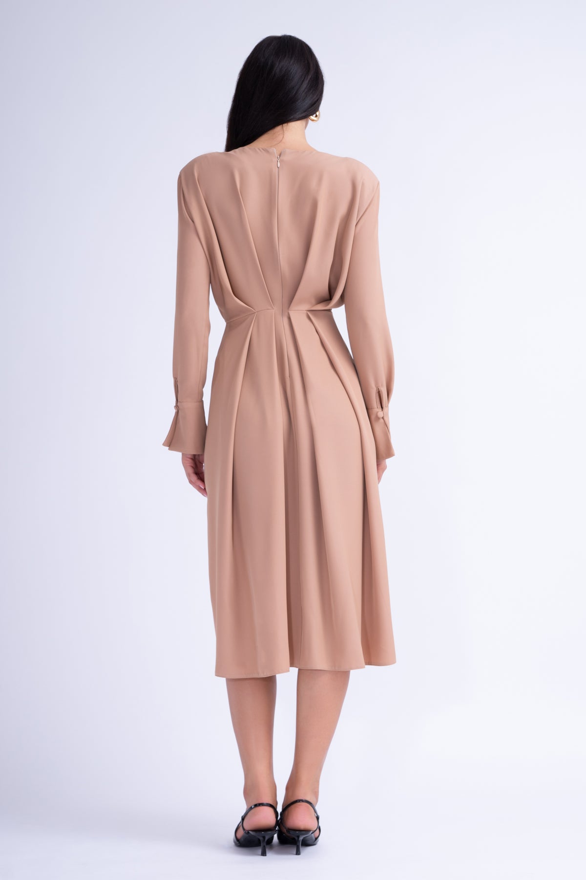 Midi Beige Dress With Ring Detail and Pleats