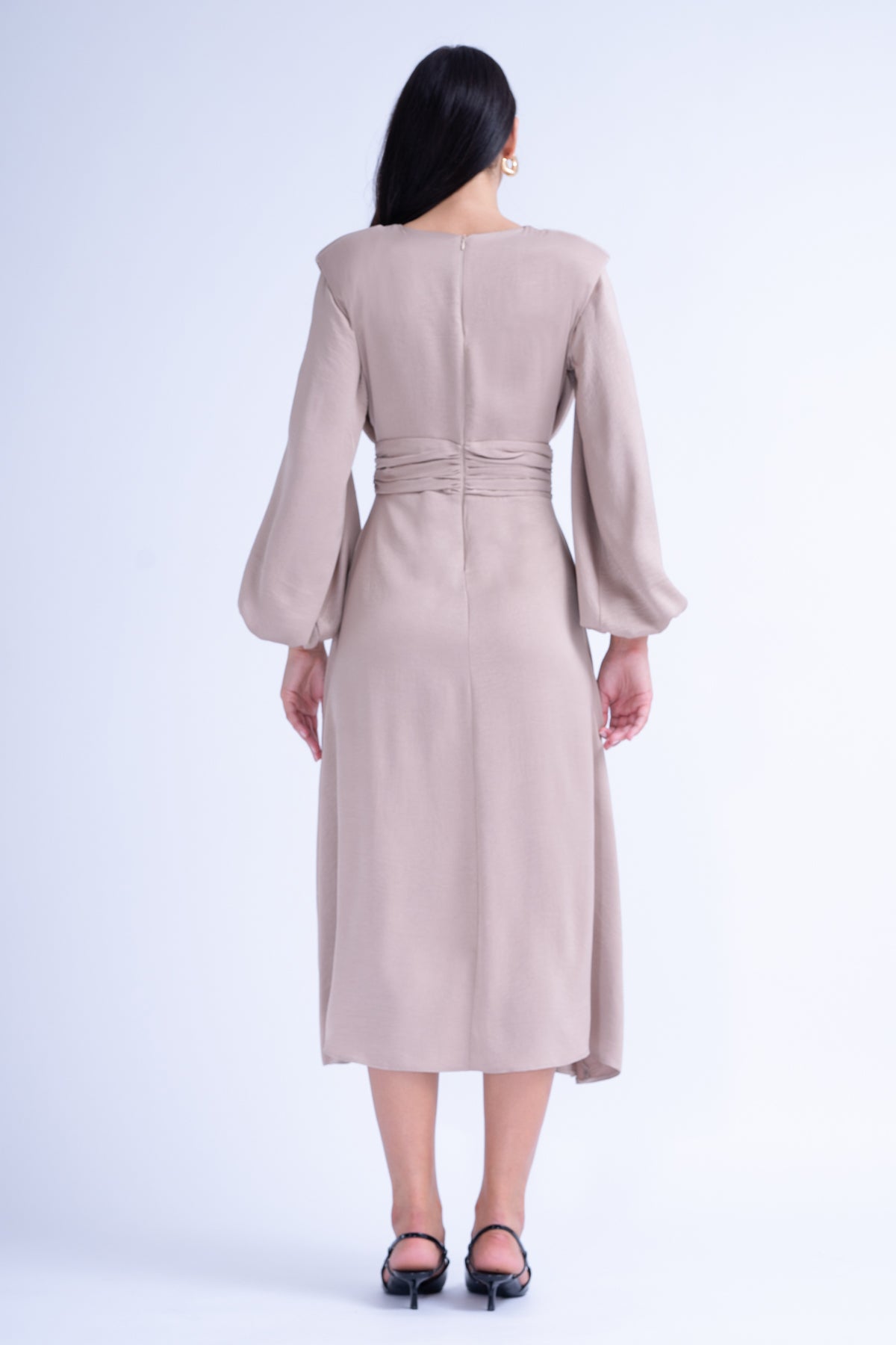 Beige Midi Dress With Shoulder Pads Detail And Pleats