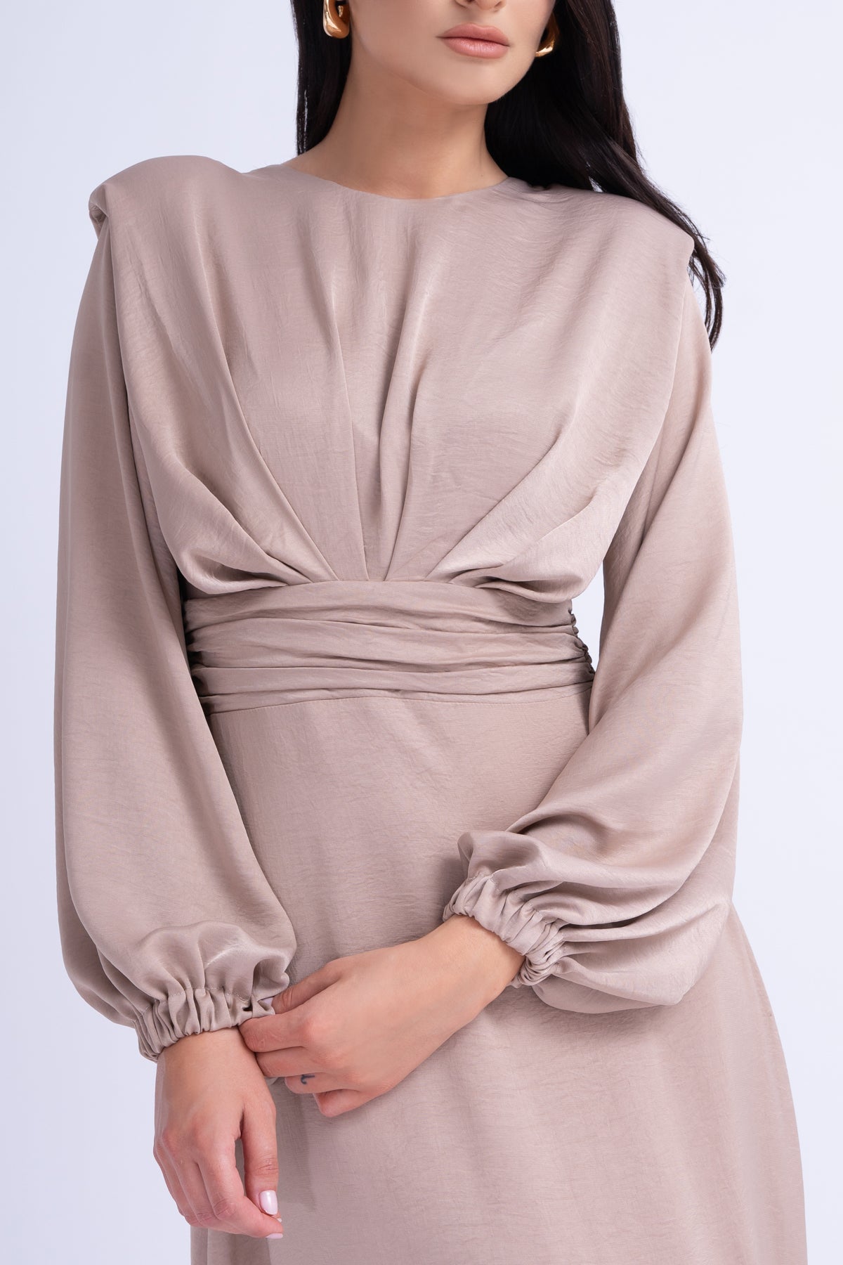 Beige Midi Dress With Shoulder Pads Detail And Pleats