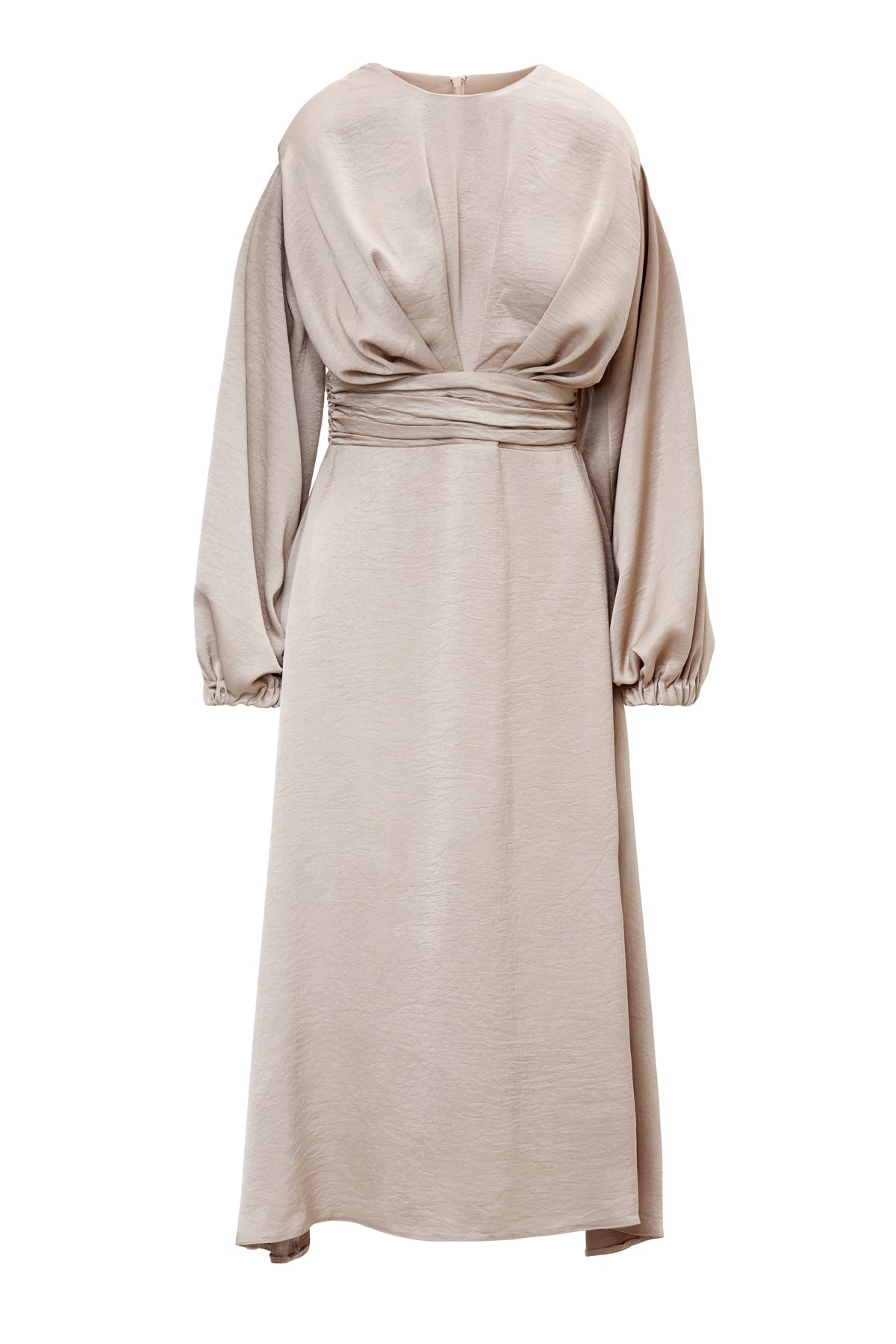 Beige Midi Dress With Shoulder Pads Detail And Pleats