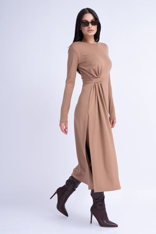 Camel Midi Dress With Side-Knot