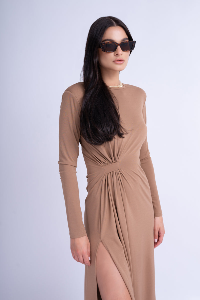 Camel Midi Dress With Side-Knot