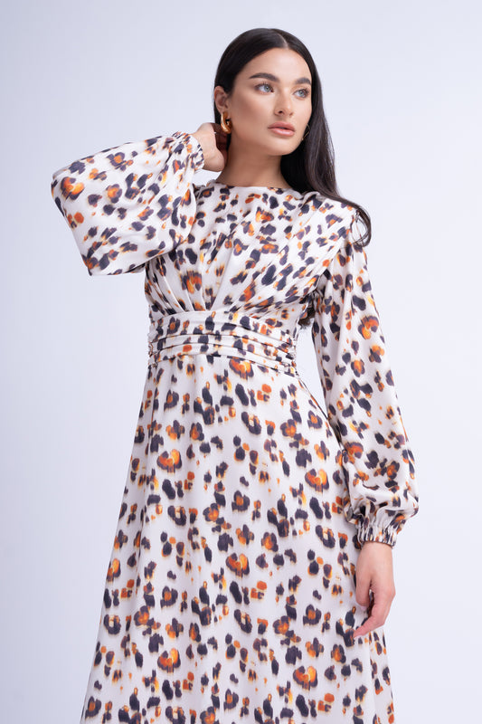 Animal Print Midi Dress With Shoulder Pads Detail And Pleats