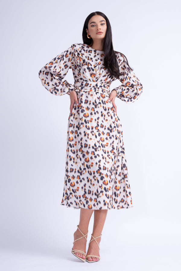 Animal Print Midi Dress With Shoulder Pads Detail And Pleats