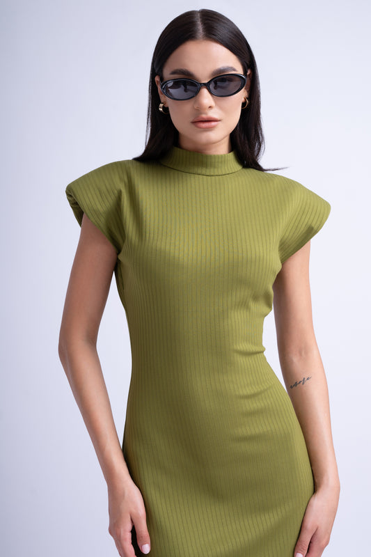 Rochie Midi Khaki cu Umeri Supradimensionati si Slit Lateral