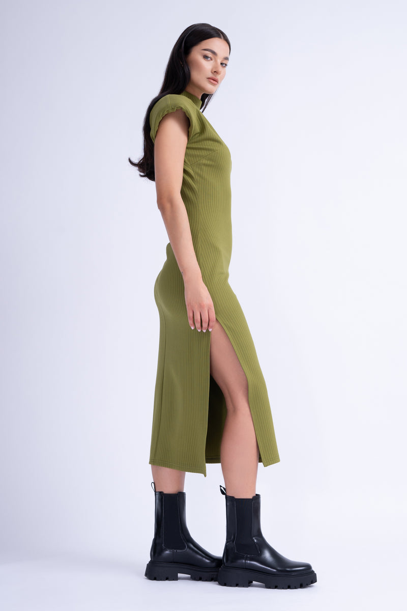 Khaki Midi Dress With Oversized Shoulders And Side Slit