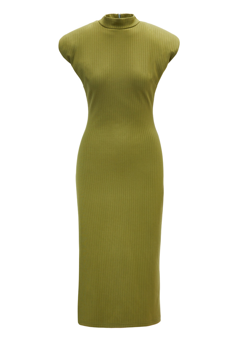 Khaki Midi Dress With Oversized Shoulders And Side Slit