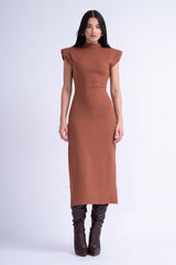 Brown Midi Dress With Oversized Shoulders And Side Slit