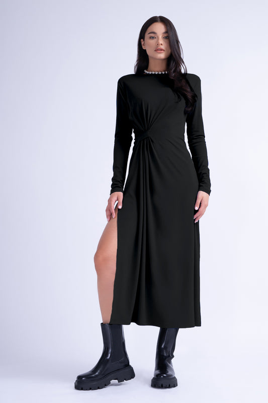 Rochie Midi Neagra cu Nod Lateral