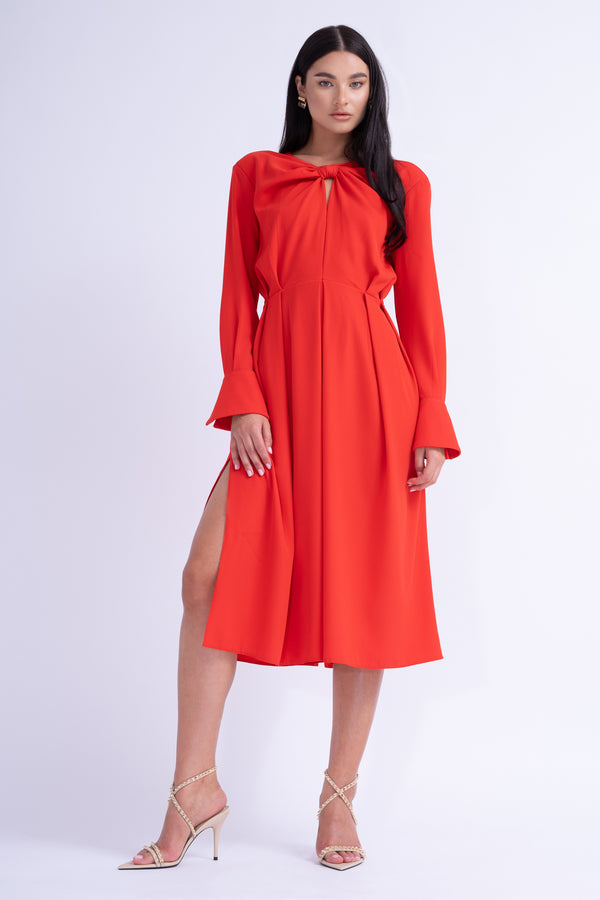 Midi Red Dress With Ring Detail And Pleats