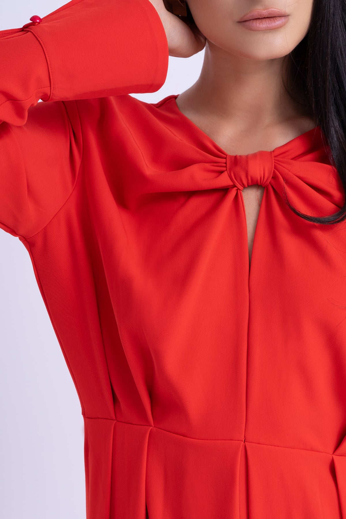 Midi Red Dress With Ring Detail And Pleats
