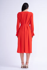 Midi Red Dress With Ring Detail And Pleats