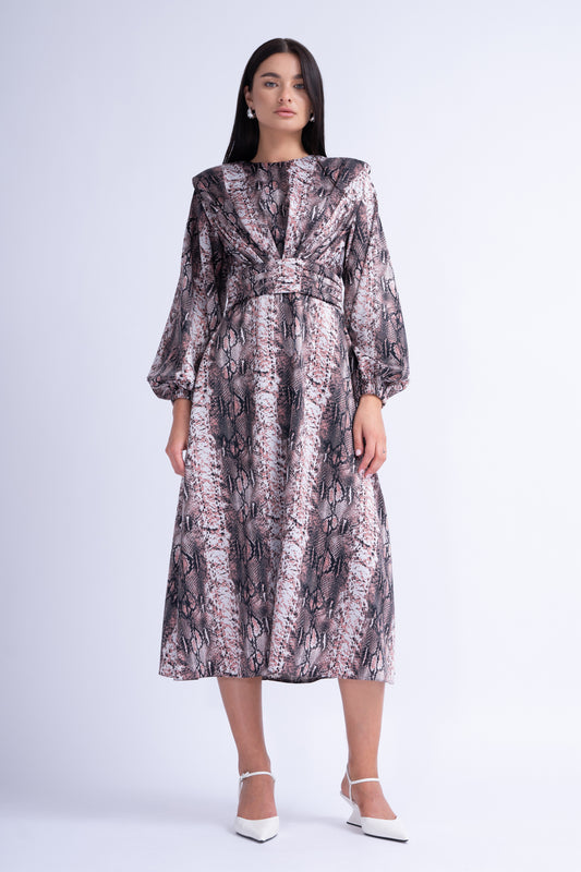 Snake Print Midi Dress With Shoulder Pads Detail And Pleats