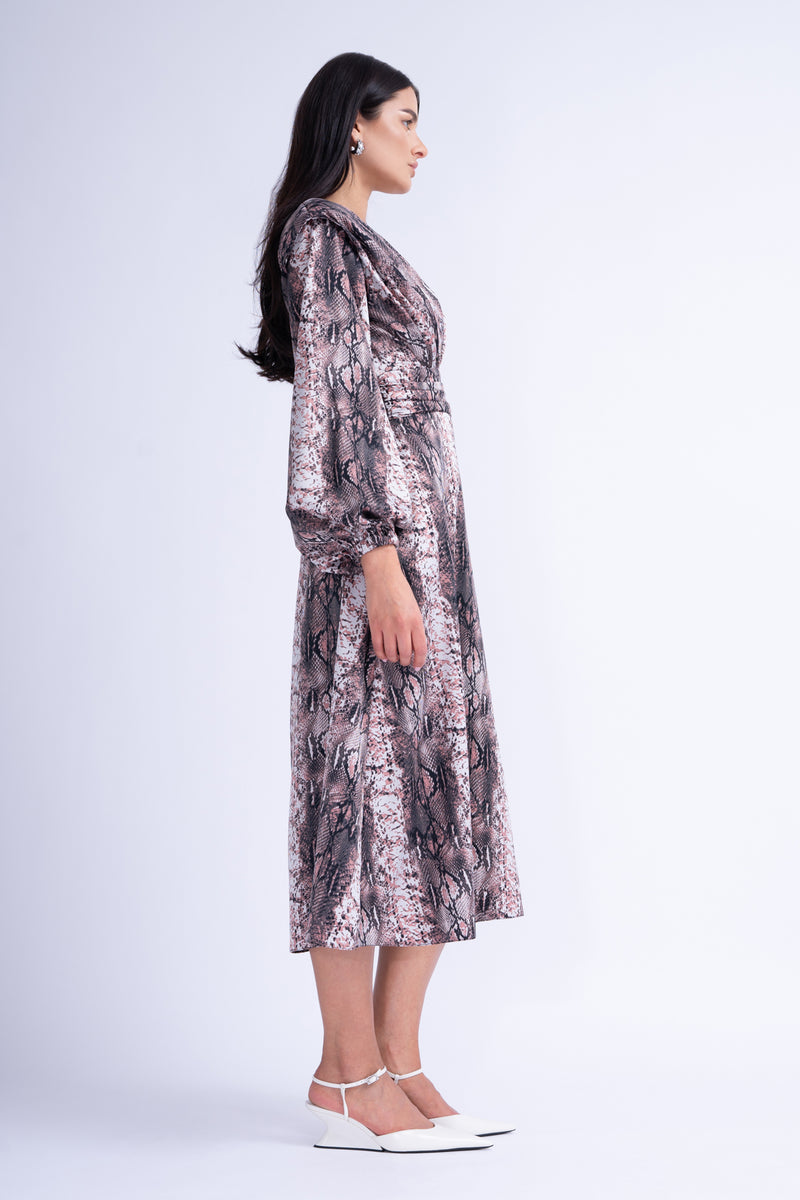 Snake Print Midi Dress With Shoulder Pads Detail And Pleats