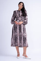 Snake Print Midi Dress With Shoulder Pads Detail And Pleats