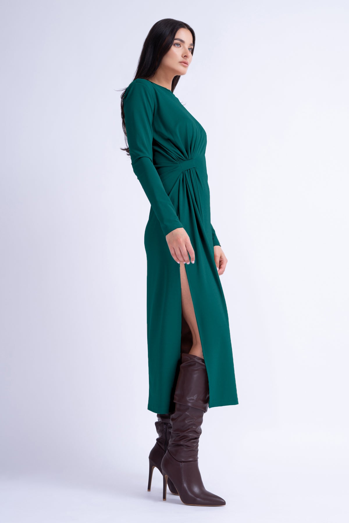 Dark Green Midi Dress With Side-Knot