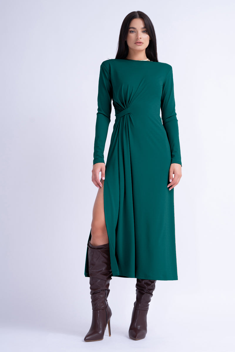 Dark Green Midi Dress With Side-Knot