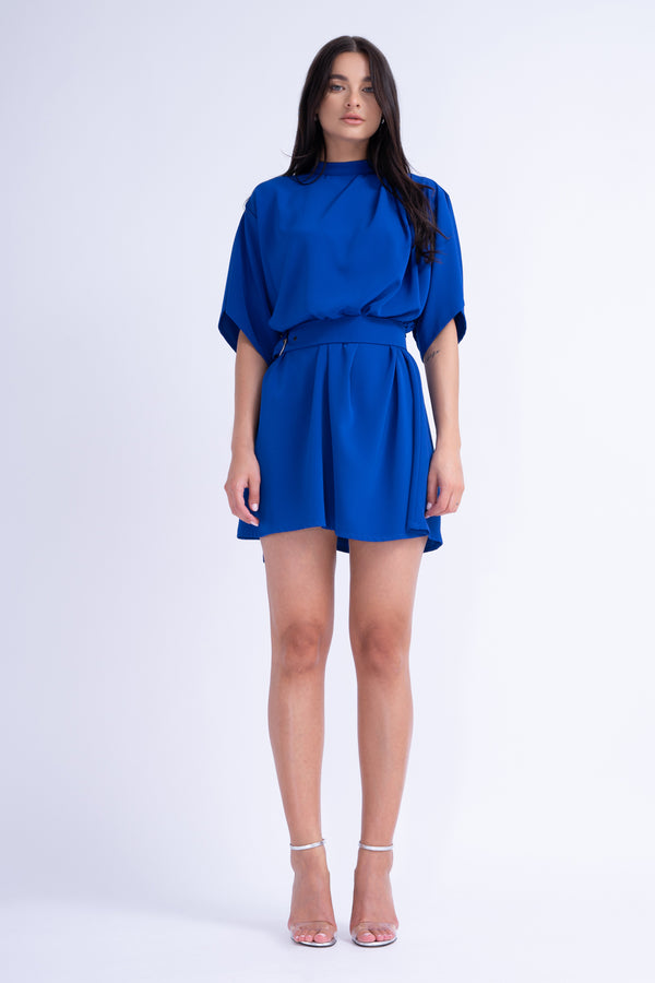 Electric blue mini dress with pleats and waist belt