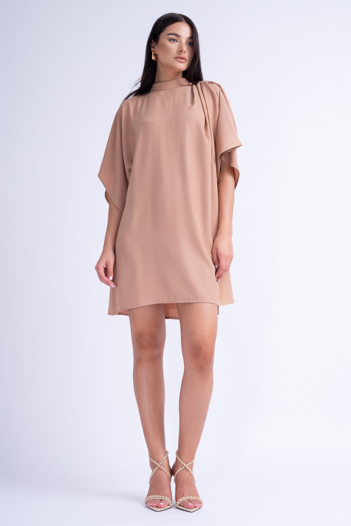 Beige Mini Dress With Pleats And Waist Belt