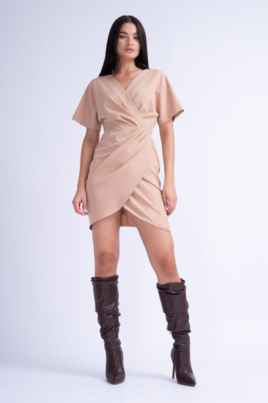 Beige Mini Dress With Pleats and V-Neck