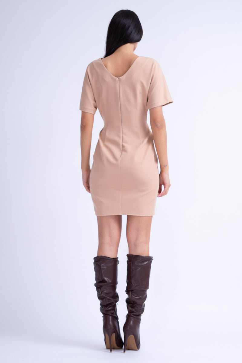 Beige Mini Dress With Pleats and V-Neck