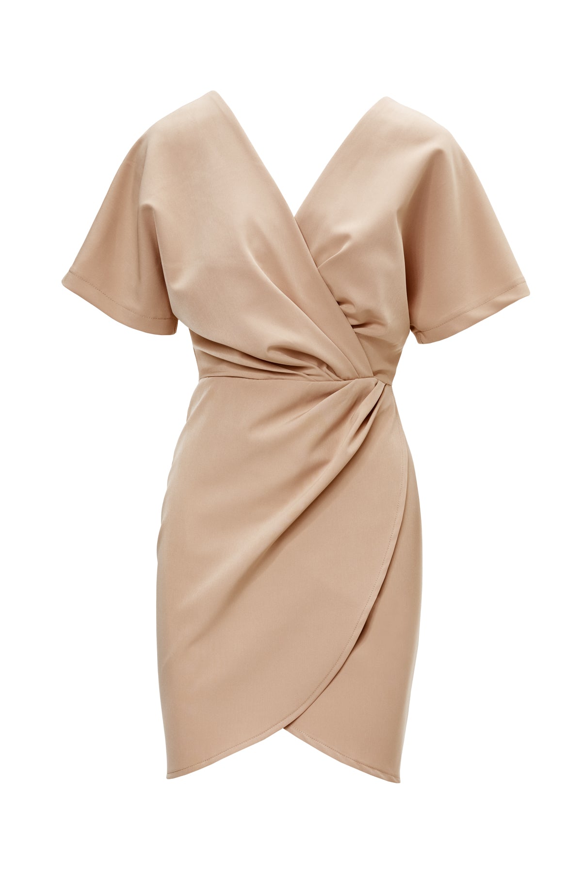 Beige Mini Dress With Pleats and V-Neck