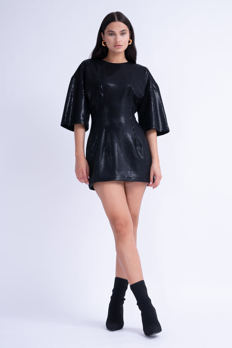 Black Sequins Fitted-Waist Mini Dress