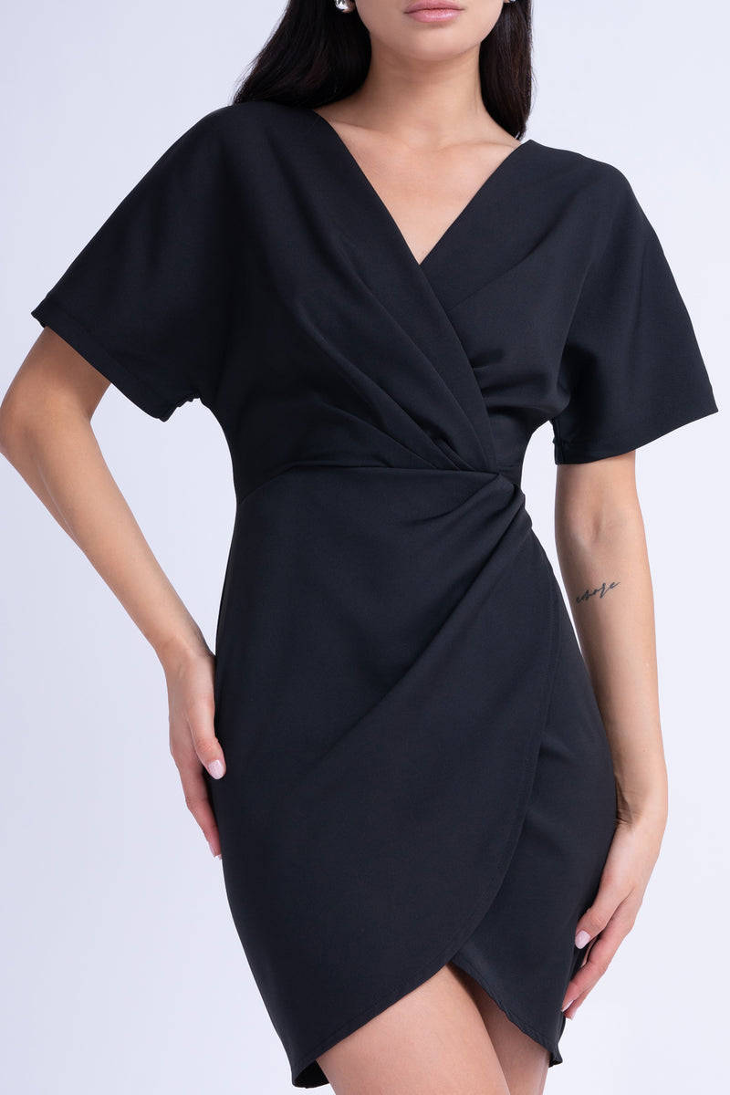 Black Mini Dress With Pleats And V-Neck