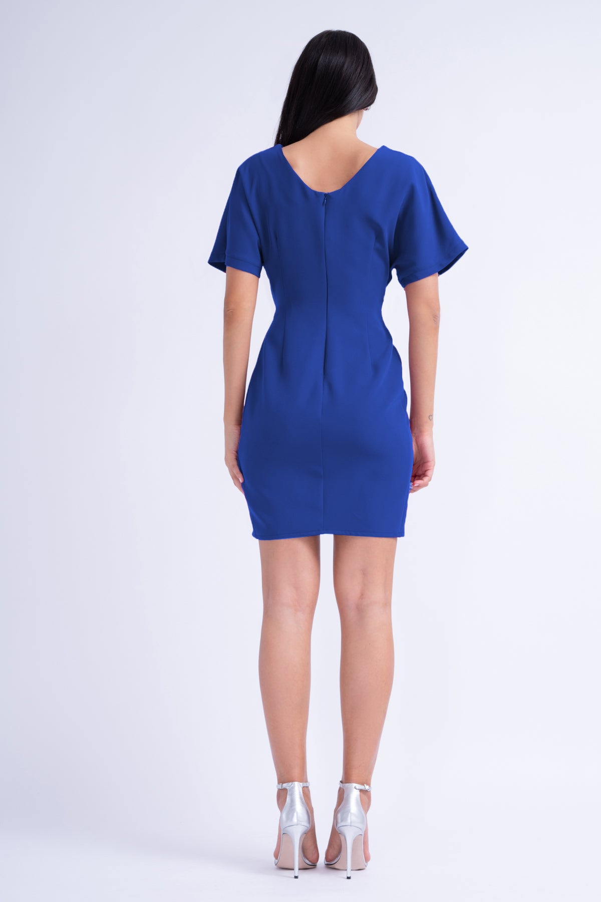 Electric Blue Mini Dress With Pleats And V-Neck
