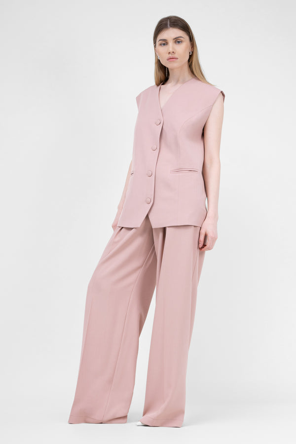 Pastel Pink Suit With Oversized Vest And Ultra Wide Leg Trousers