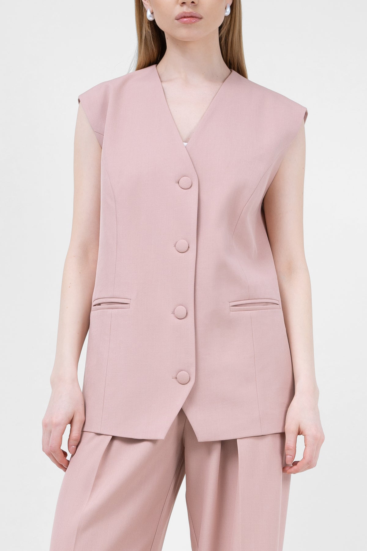 Costum cu vesta oversized si pantaloni ultra wide leg roz pastel