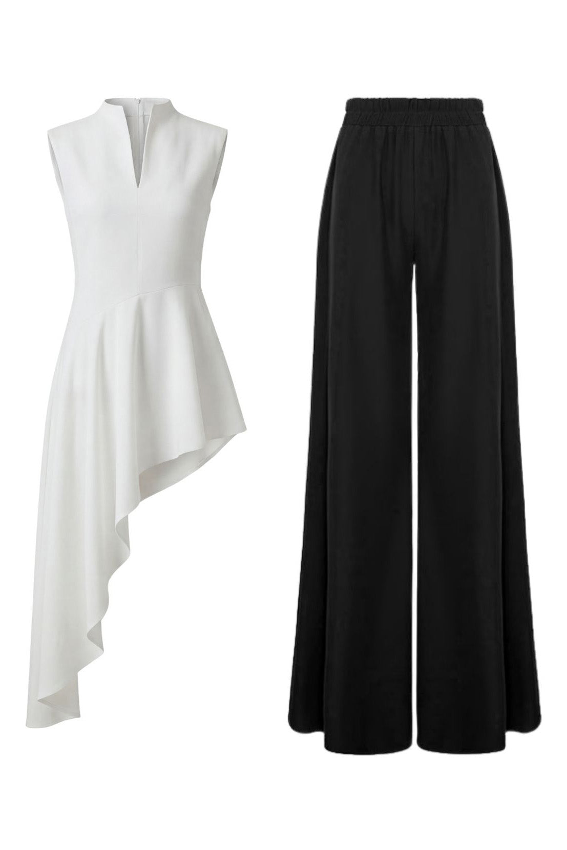 Set Contrast Chic - Top Asimetric Alb cu Pantaloni Flared Negri