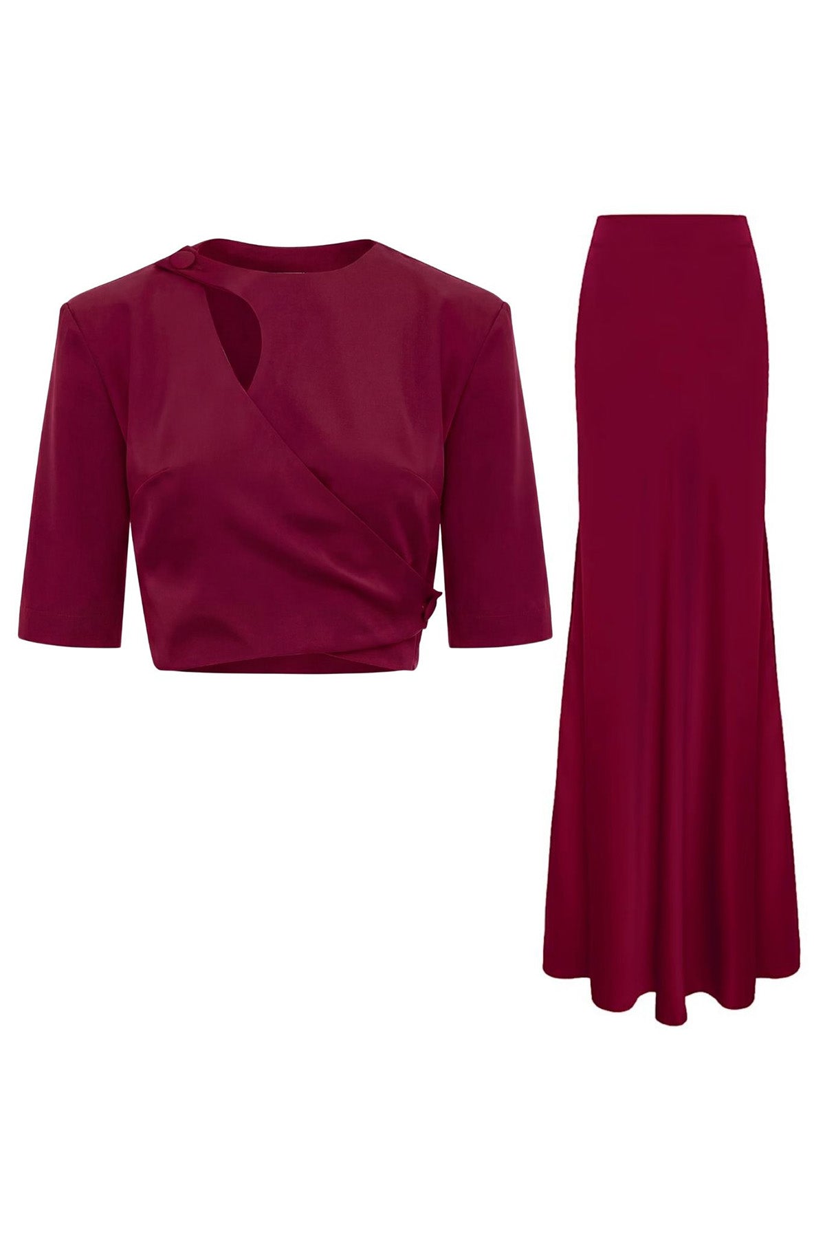 Set elegant burgundy – bluză cu decupaj și fustă lungă