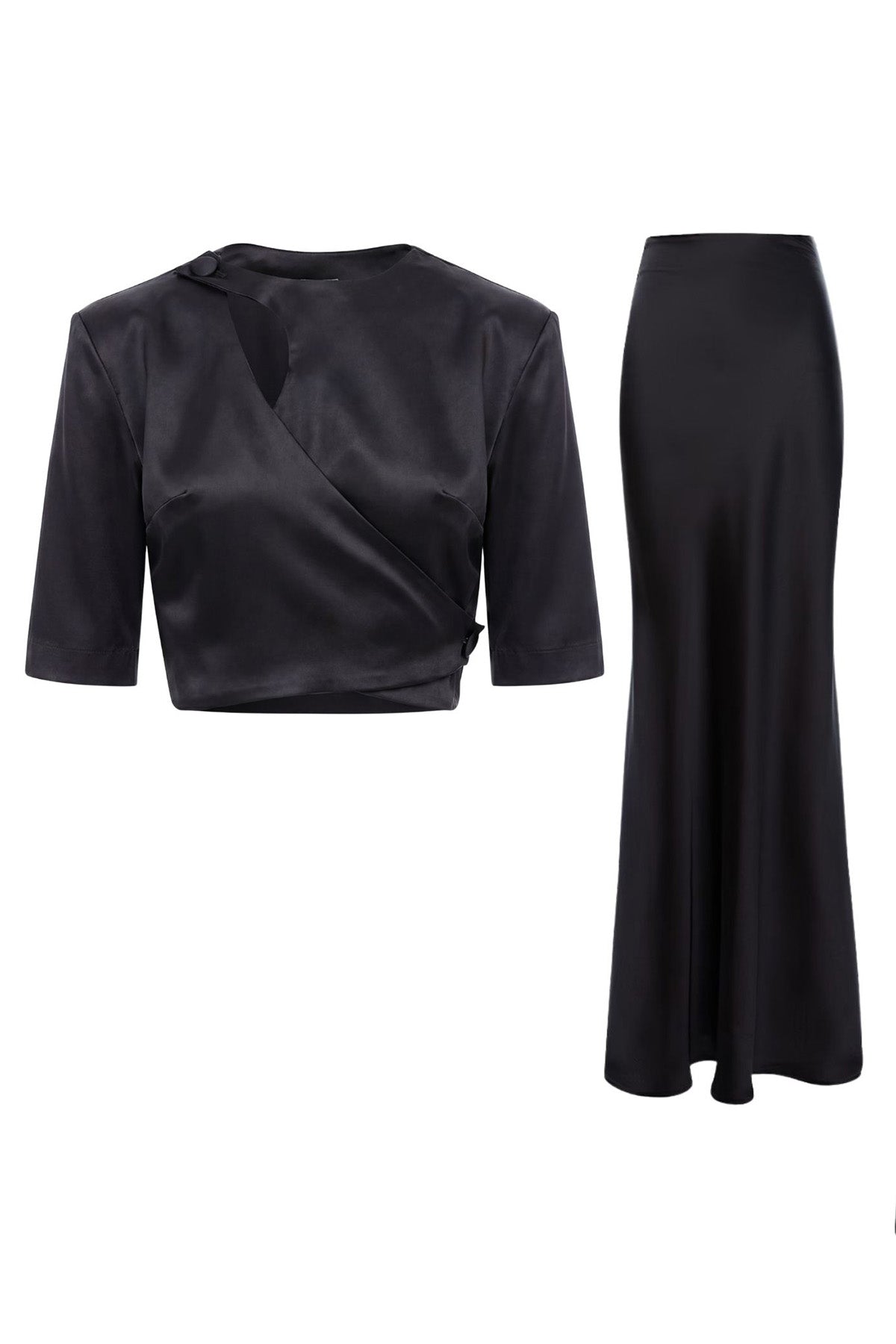 Set elegant negru – bluză cu decupaj și fustă lungă