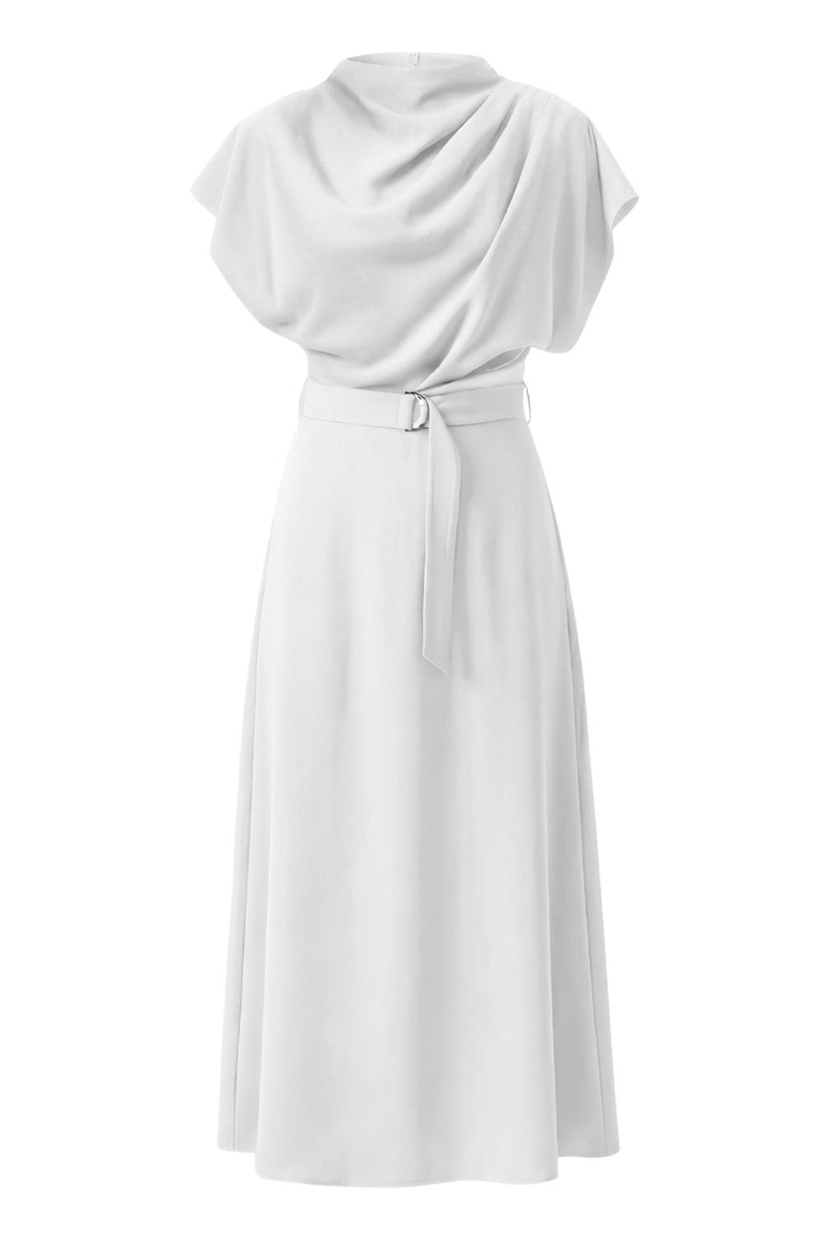 Rochie midi alba cu drapaj și cordon în talie