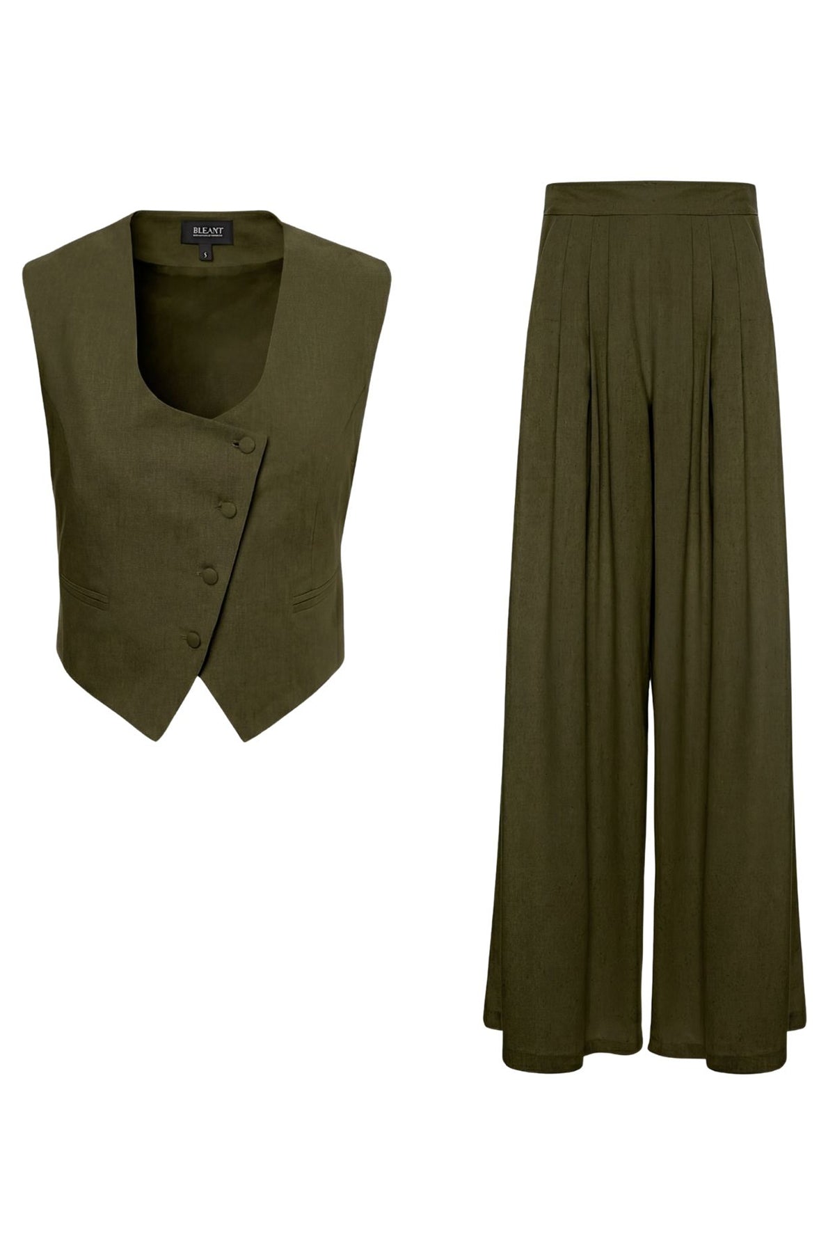 Set din in verde cu vestă cambrată și pantaloni wide-leg