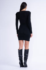 Black Mini Dress With Draped Shoulders And Cut-Out